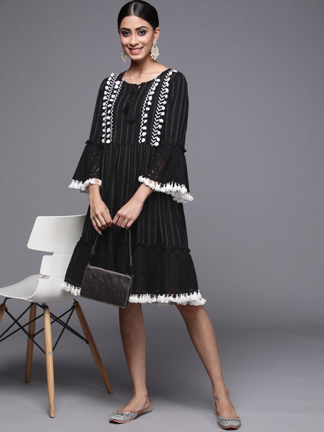 Indo Era Black Striped Ethnic A-Line Dress Price in India