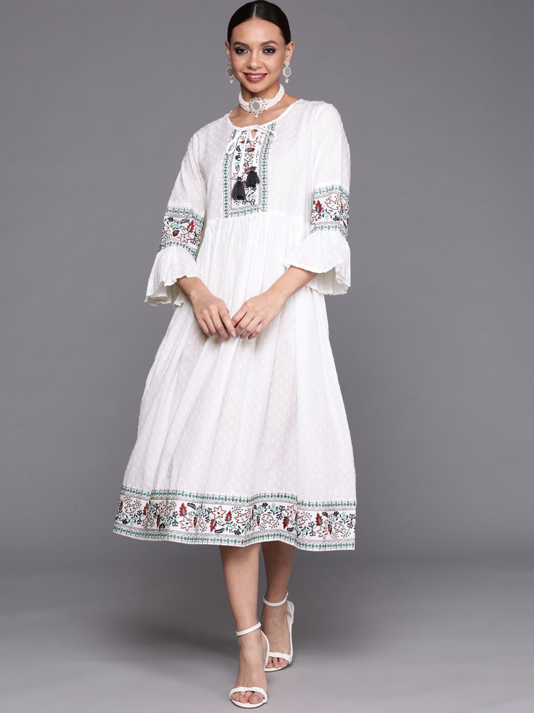 Indo Era White Ethnic Motifs Embroidered Tie-Up Neck Ethnic Midi Dress Price in India