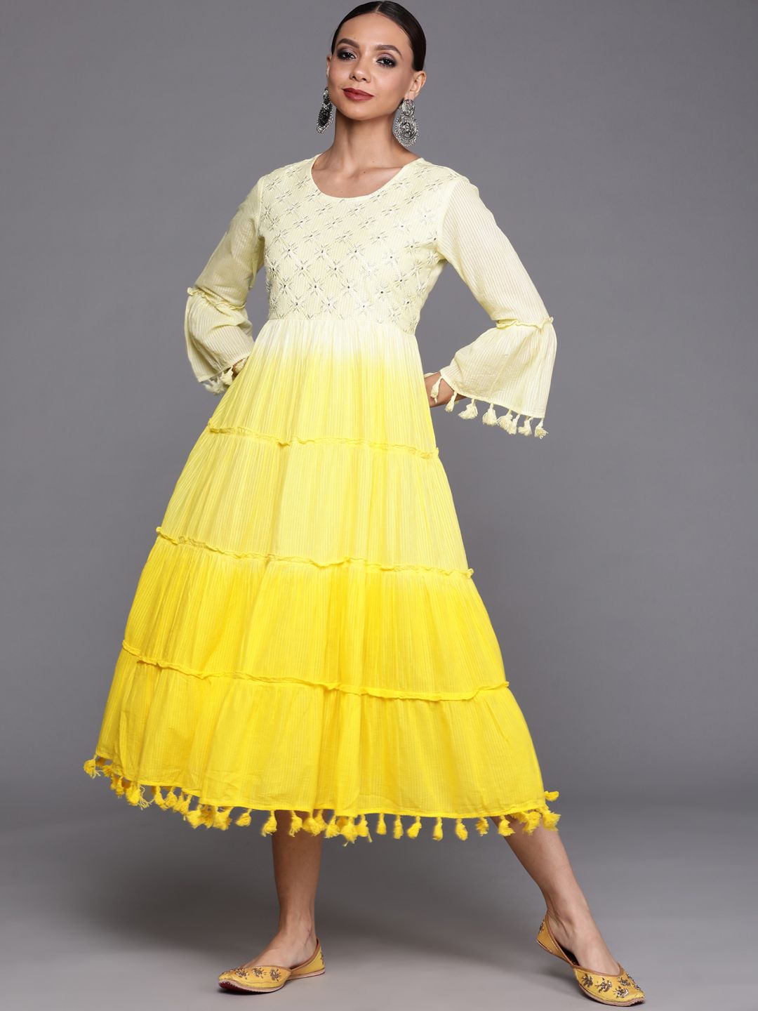 Indo Era Yellow Ethnic Motifs Embroidered Ethnic A-Line Midi Dress Price in India