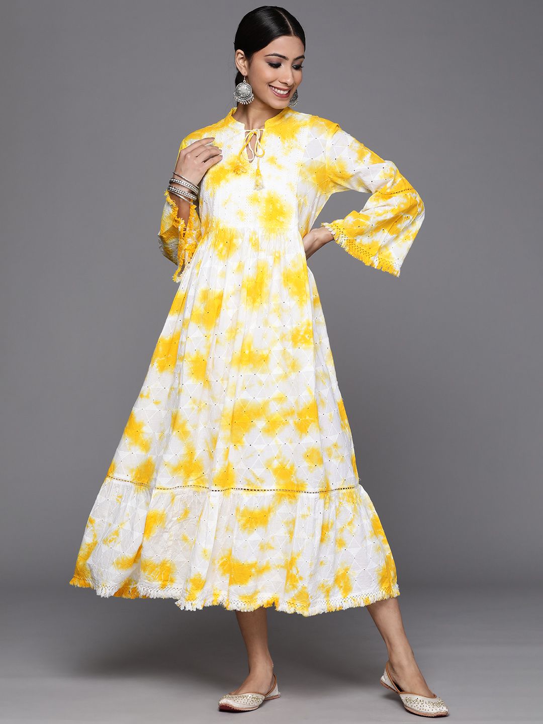 Indo Era Yellow & White Dyed Embroidered Cotton A-Line Midi Dress Price in India