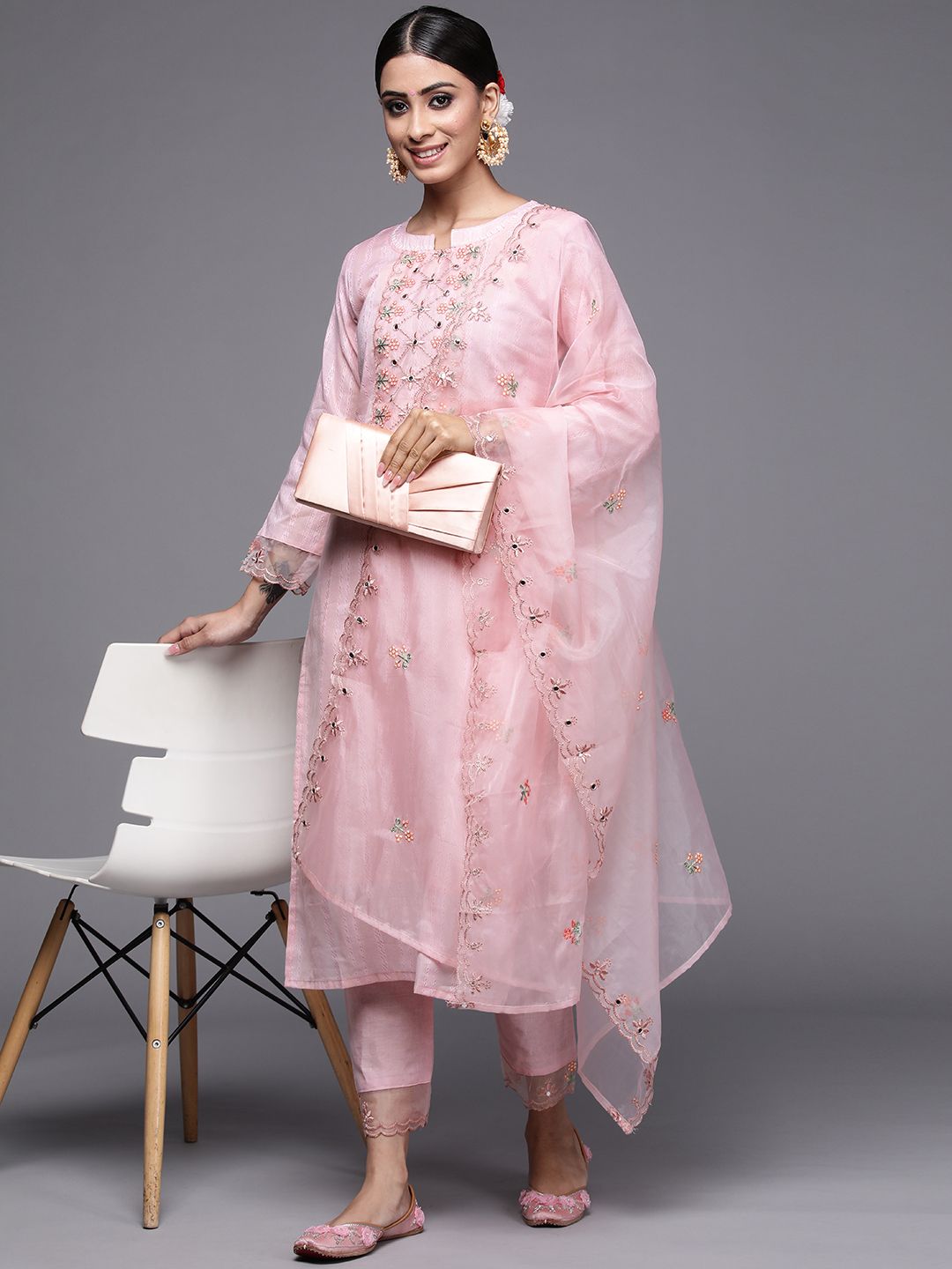 Indo Era Women Pink Ethnic Motifs Embroidered Kurta with Trousers & Dupatta Price in India