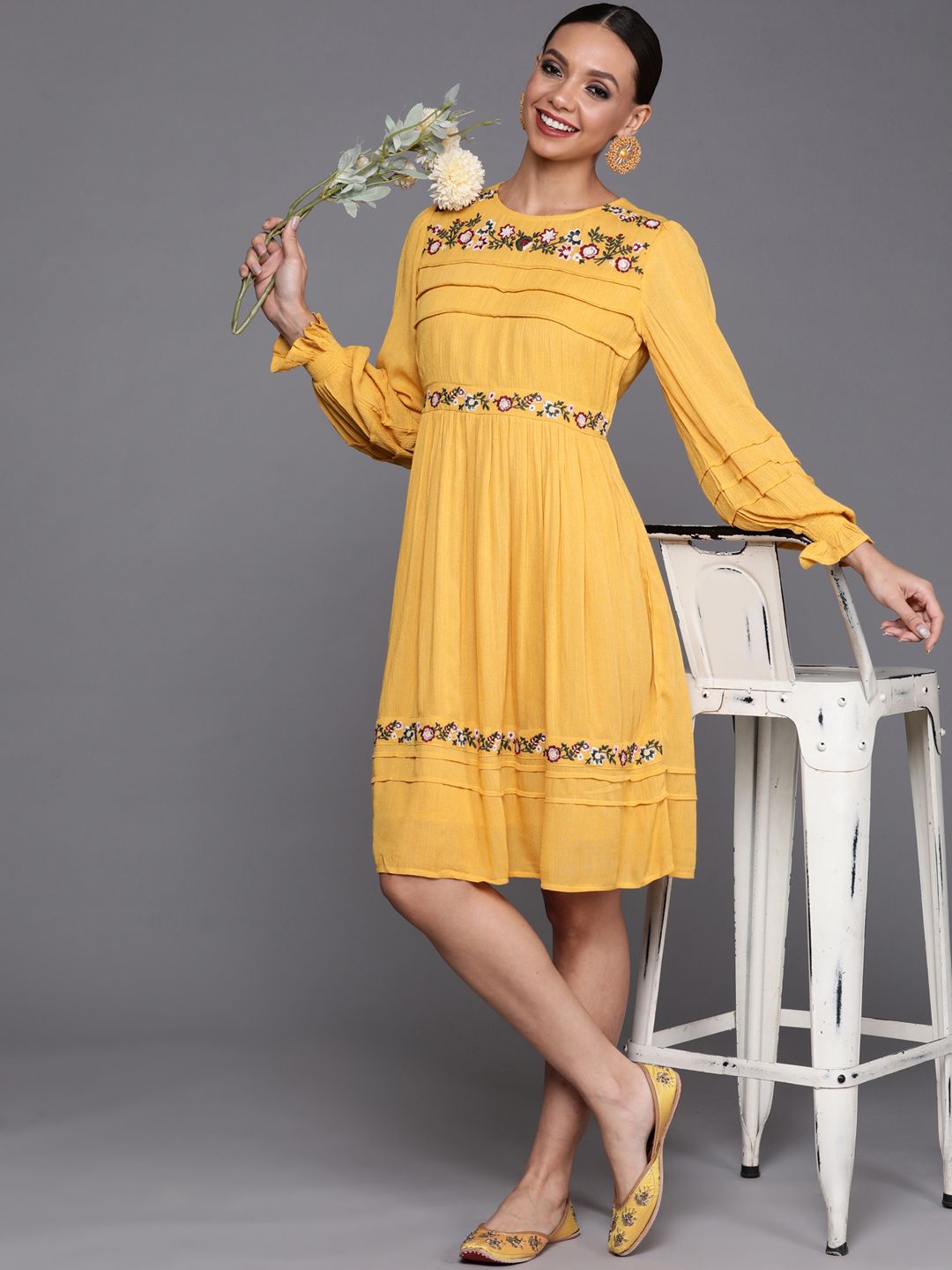 Indo Era Yellow Floral Embroidered A-Line Dress Price in India