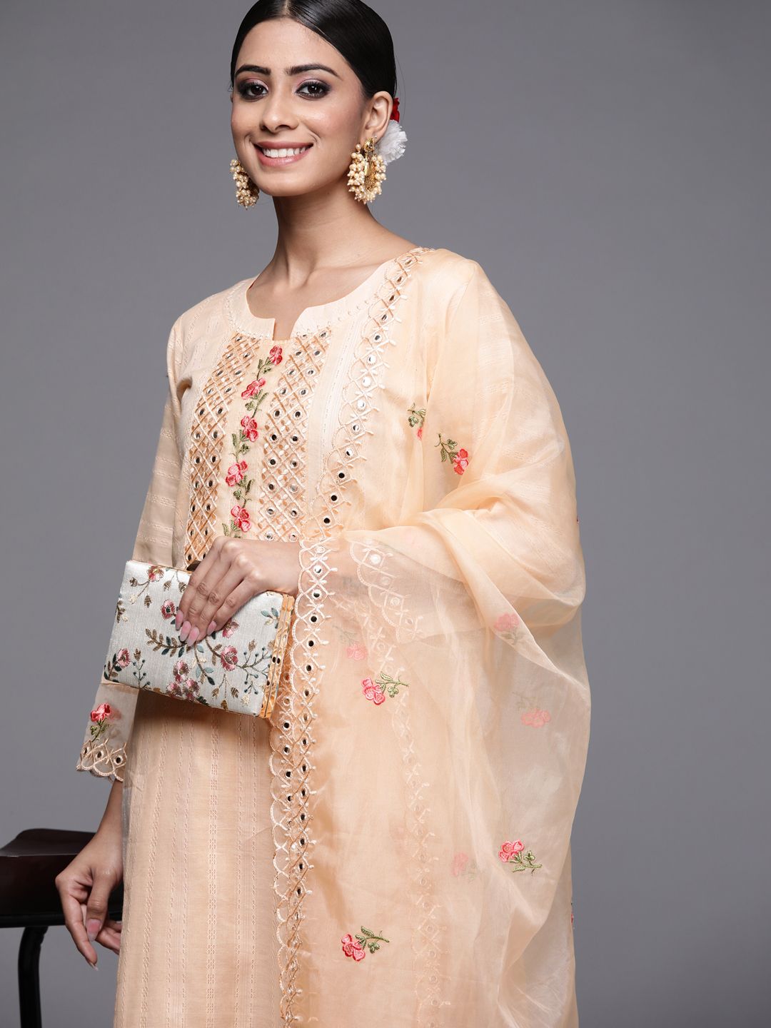 Indo Era Women Peach-Coloured Embroidered Mirror Work Kurta with Trousers & Dupatta Price in India