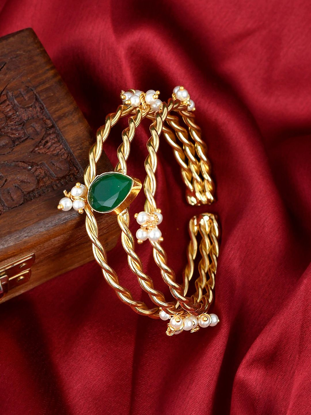 Silvermerc Designs Women Gold-Plated & Green Brass Pearls Cuff Bracelet Price in India