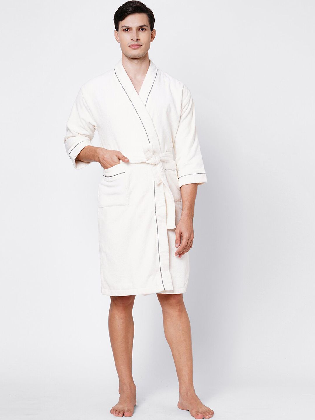 SPACES White Solid 380 GSM Pure Cotton Quick Dry Bath Robe Price in India