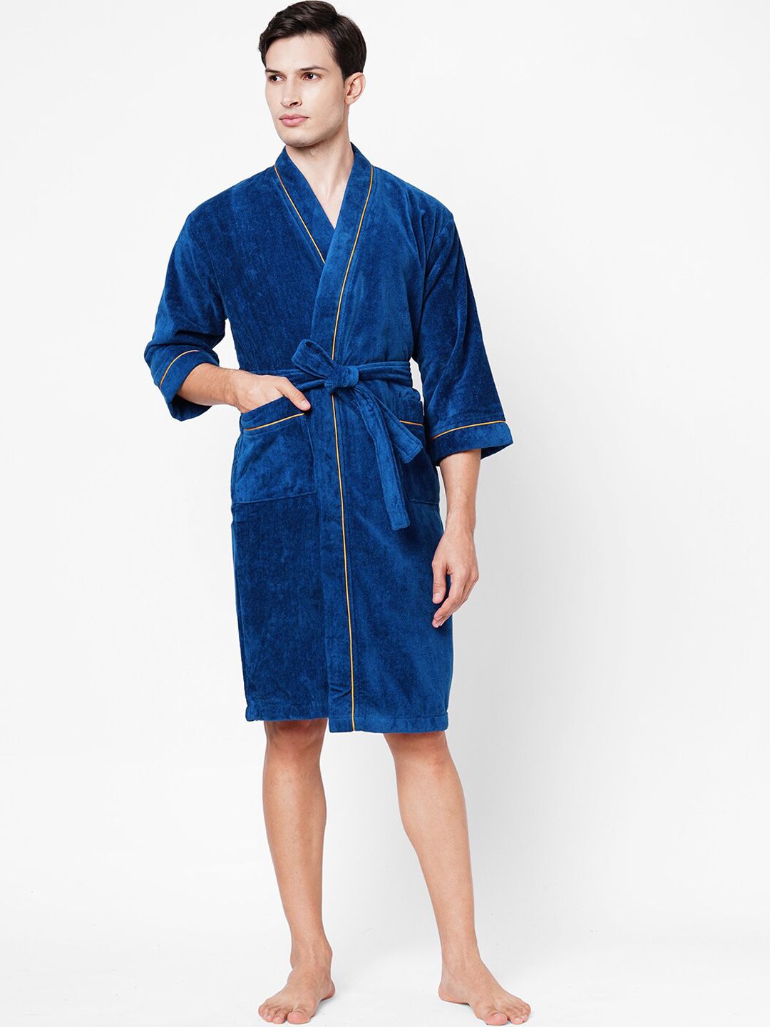 SPACES Blue Solid 380 GSM Pure Cotton Bath Robe Price in India