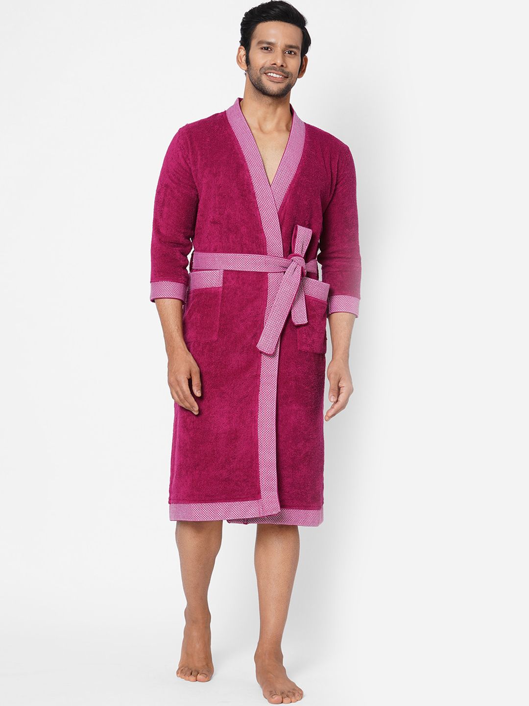 SPACES Burgundy Solid Pure Cotton 400 GSM Bathrobe Price in India