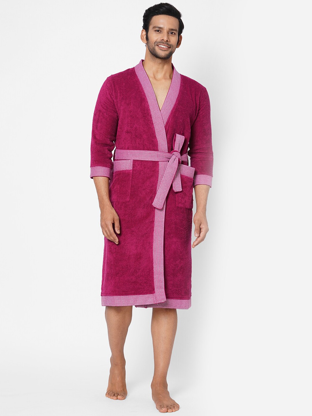 SPACES Unisex Violet Solid V-neck Cotton Bath Robe Price in India