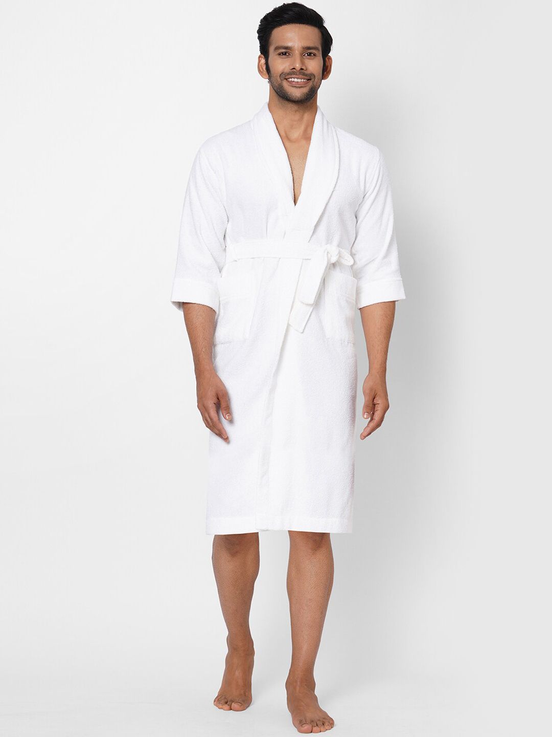 SPACES White Solid 300 GSM Pure Cotton Quick Dry Bath Robe Price in India