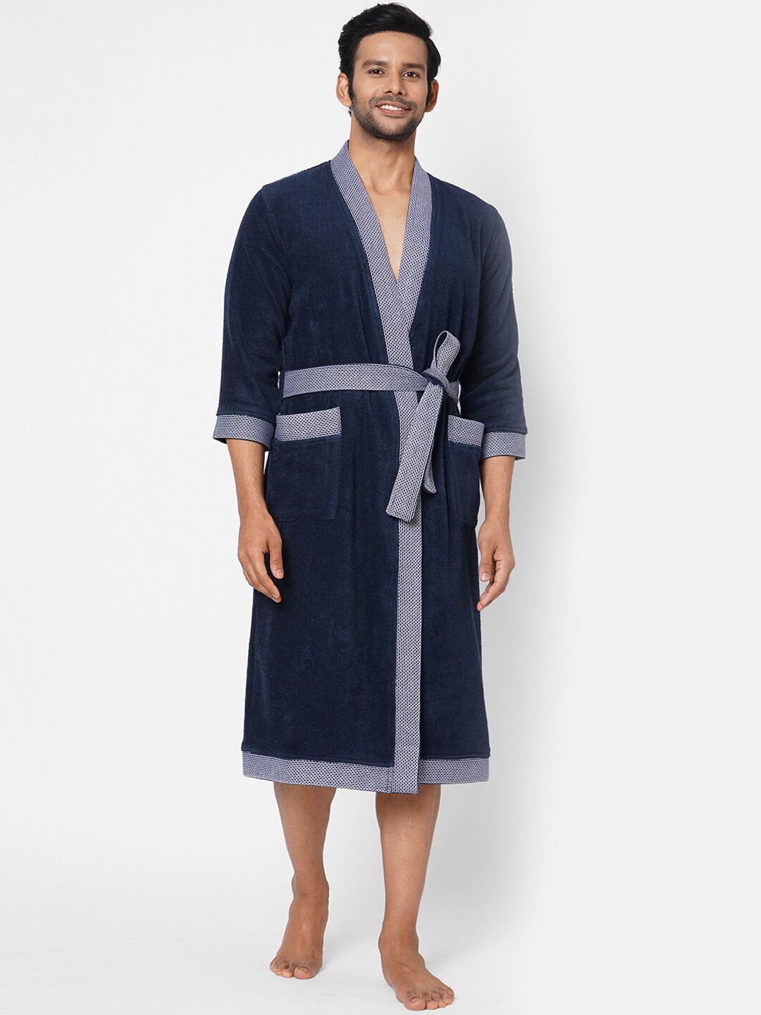 SPACES Blue & Grey Solid 380 GSM Pure Cotton Bath Robe Price in India