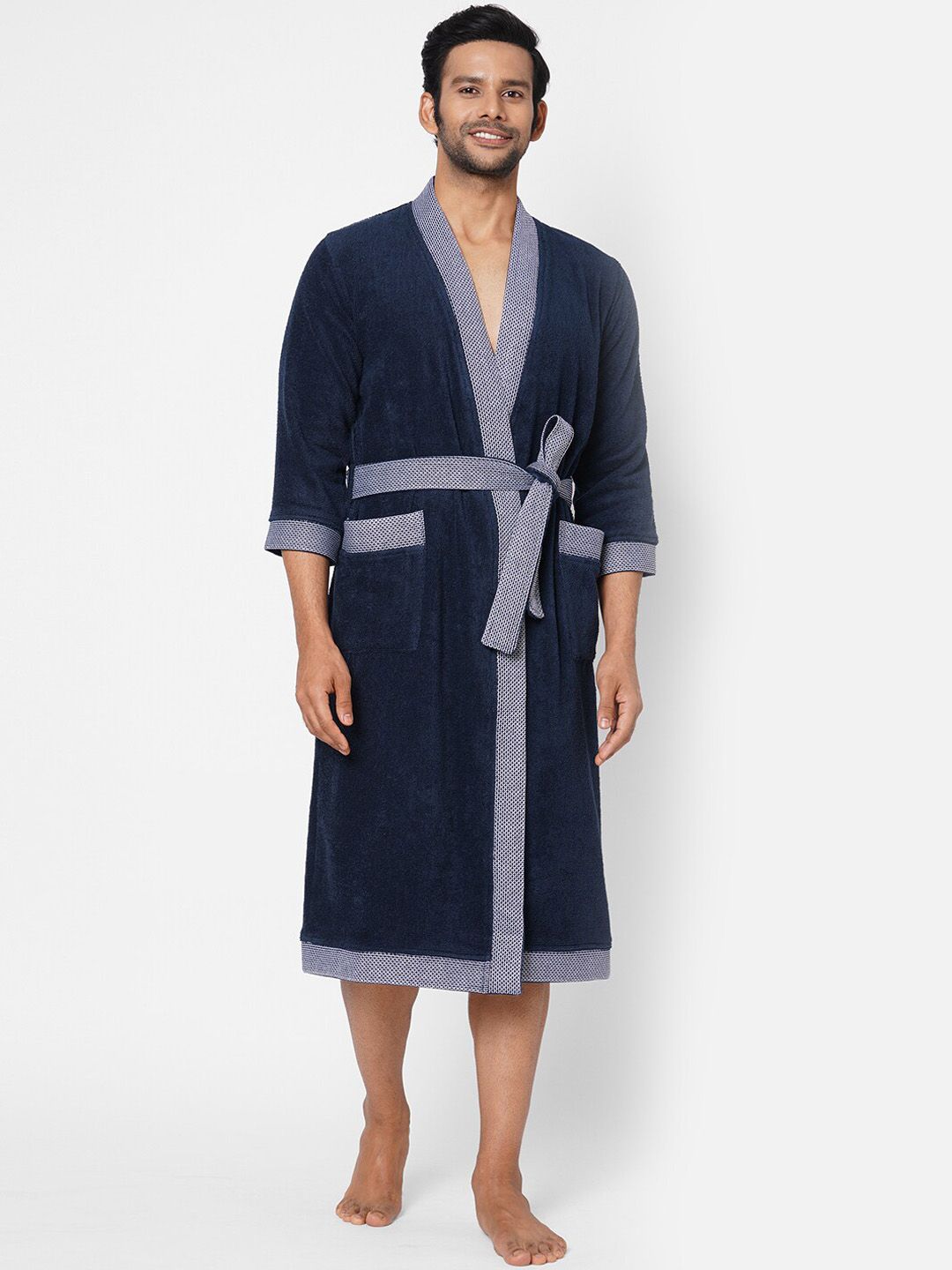 SPACES Navy Blue Solid 400 GSM Pure Cotton Bath Robe Price in India