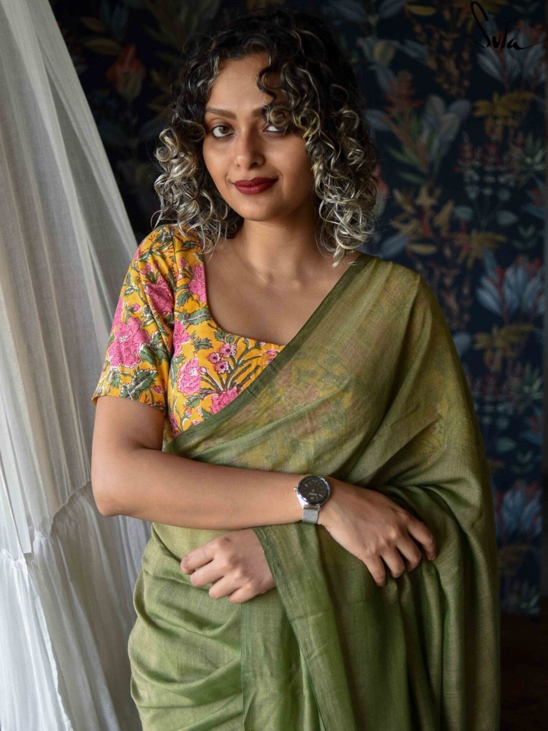 Suta Yellow & Pink Printed Cotton Saree Blouse Price in India