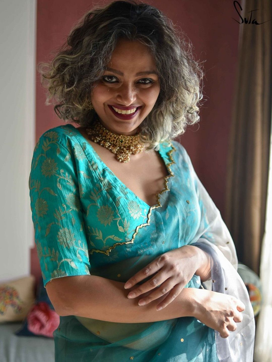 Suta Women Blue & Gold-Colored Zari Saree Blouse Price in India