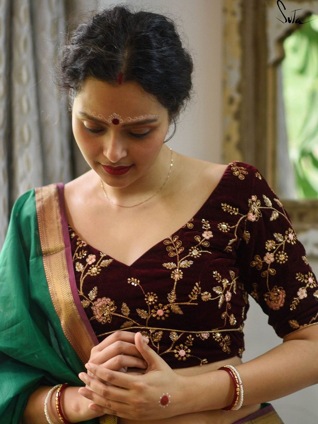 Suta Maroon Embroidered Velvet Saree Blouse Price in India