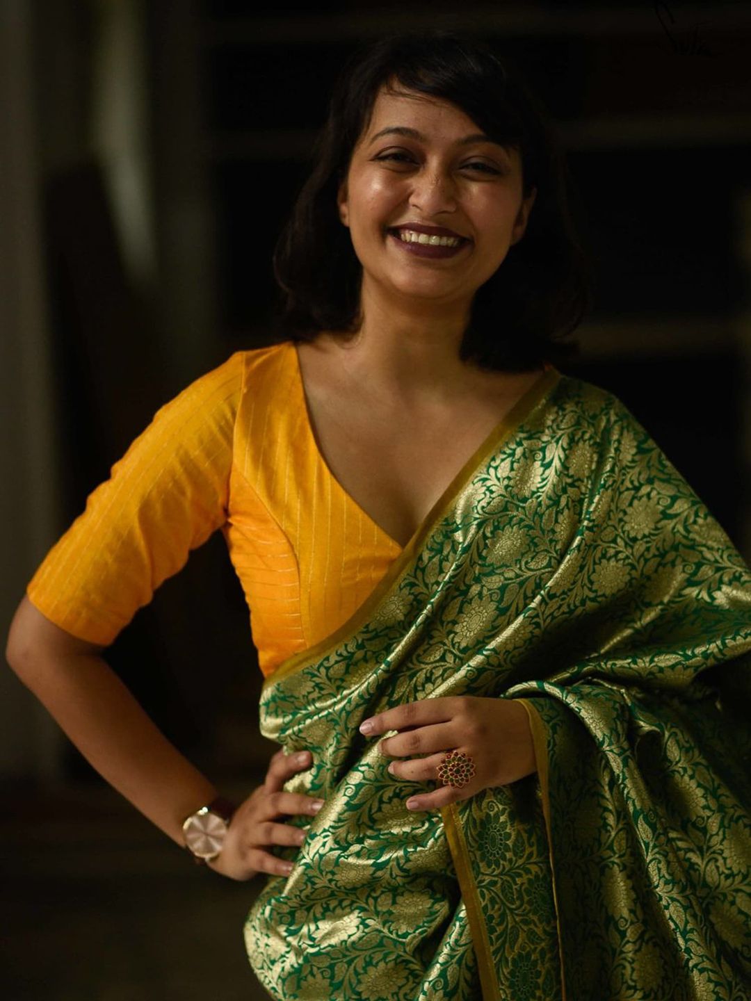 Suta Women Yellow Woven-Design Silk Cotton Saree Blouse Price in India