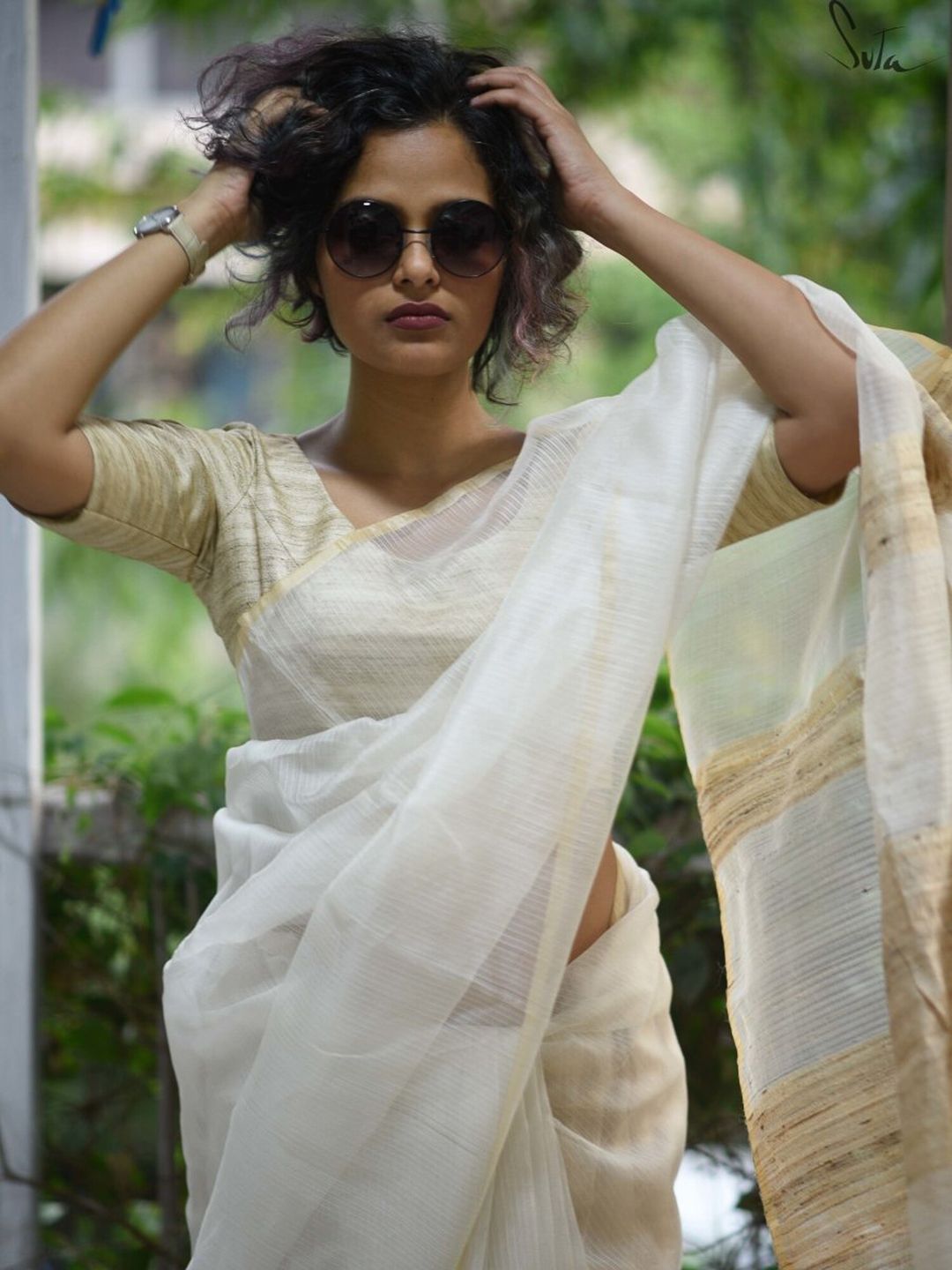 Suta Women Off-White & Brown Woven-Design Cotton Saree Blouse Price in India