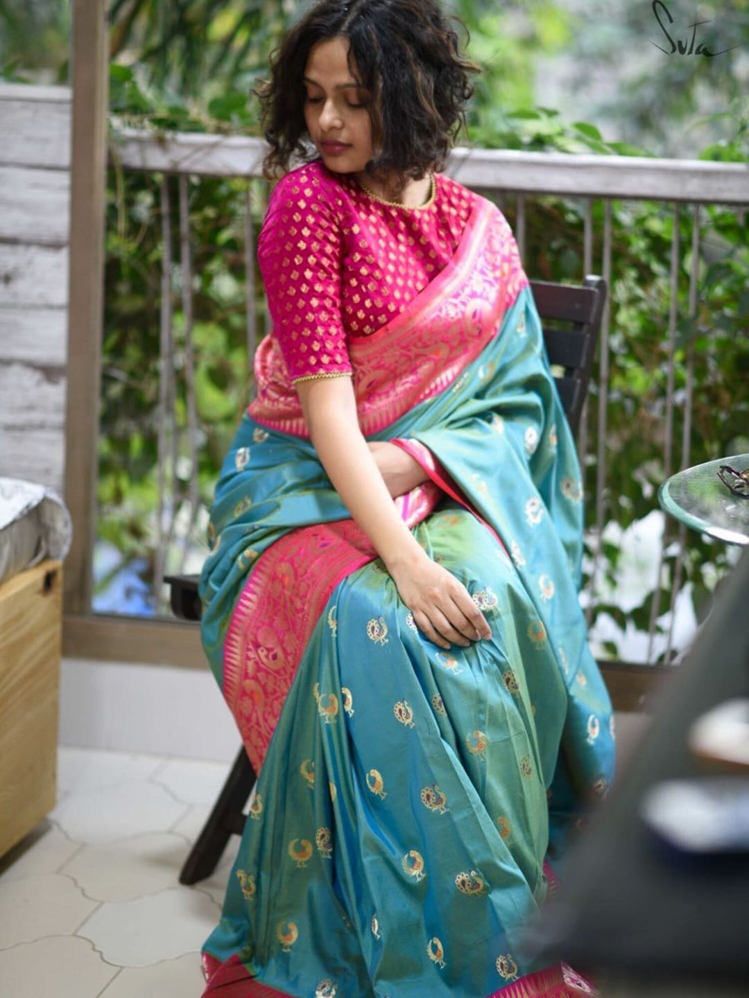 Suta Women Pink Woven-Design Brocade Saree Blouse Price in India