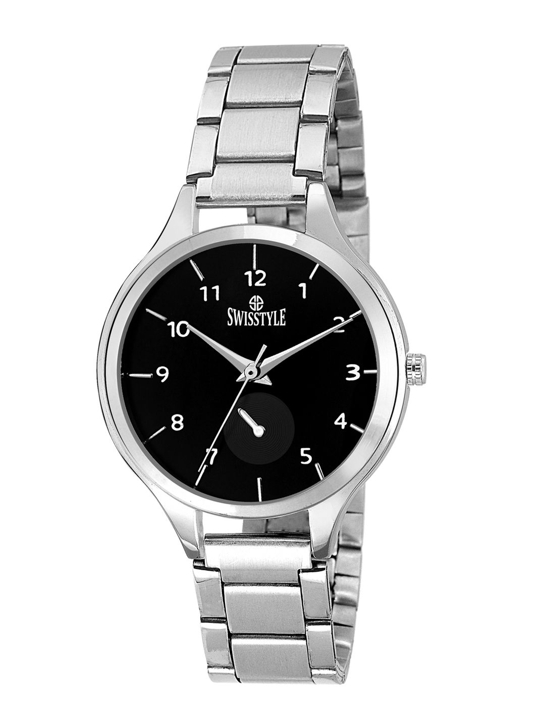SWISSTYLE Women Black Brass Dial & Silver Toned Bracelet Style Straps Analogue Watch Price in India