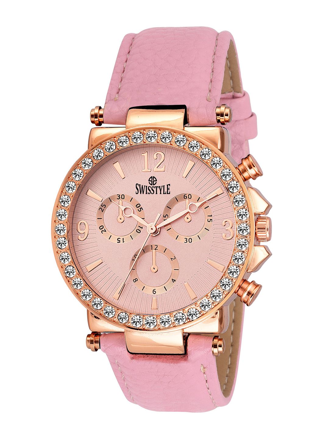 SWISSTYLE Women Pink Brass Embellished Dial & Pink Leather Straps Analogue Chronograph Watch Price in India