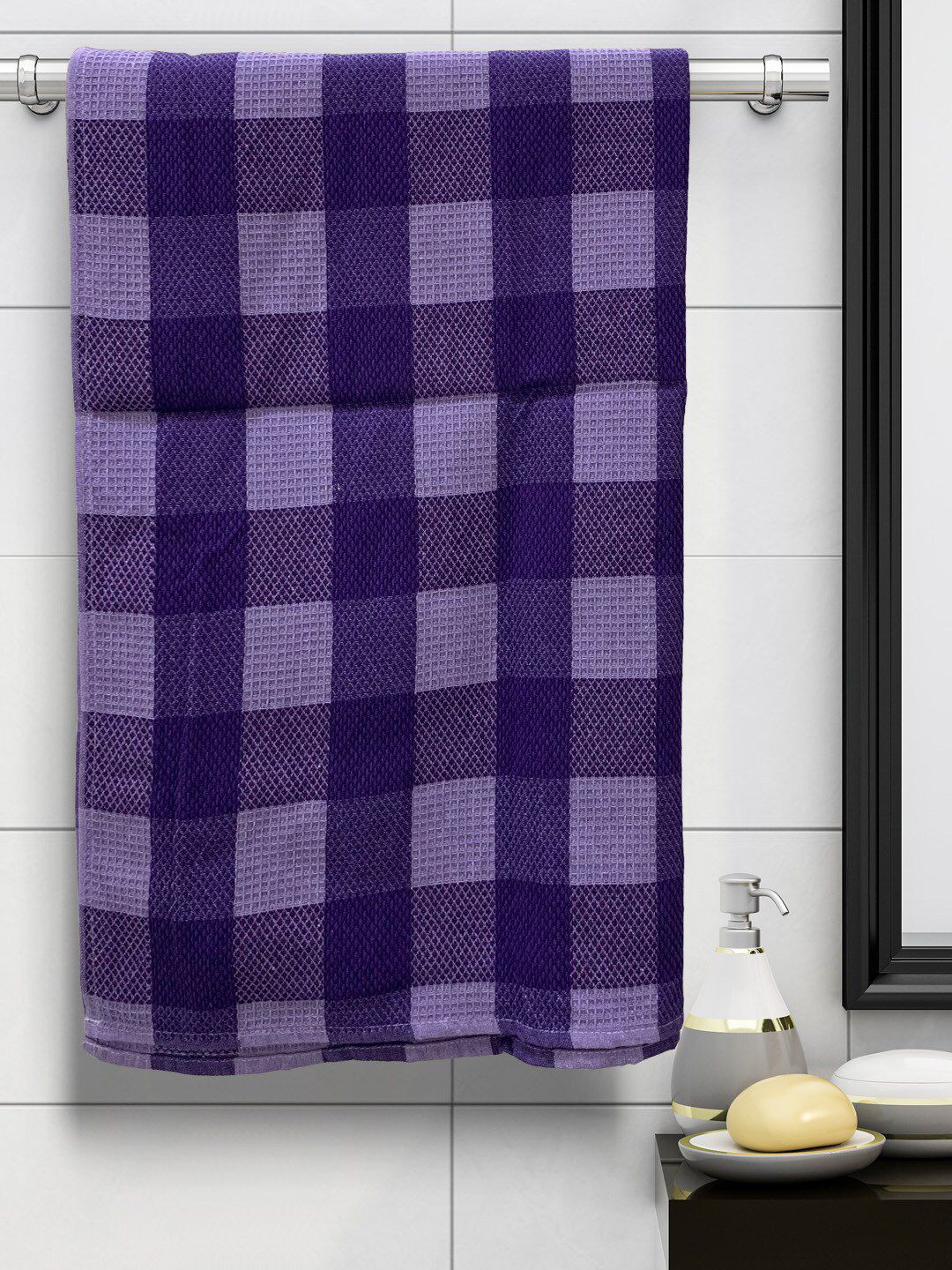 Athom Trendz Set Of 2 Purple & White Checked 210 GSM Cotton Bath Towels Price in India