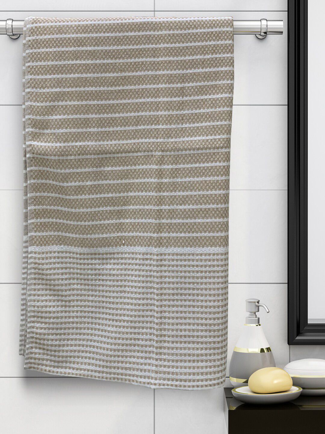 Athom Trendz Beige Striped Cotton Towel Set Price in India