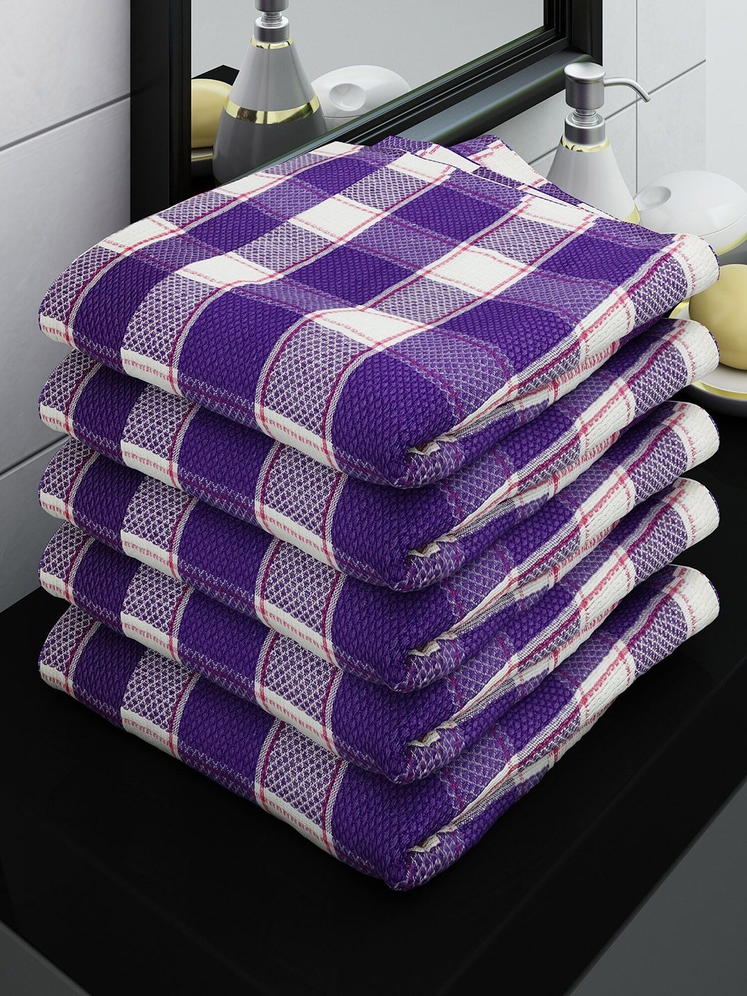 Athom Trendz Purple & White Pack of 5 Checked 210GSM Eco Saviour Premium Cotton Bath Towel Price in India