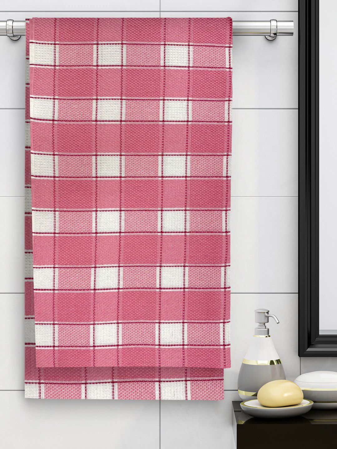 Athom Trendz Pink Set Of 2 Checked 210 GSM Cotton Bath Towel Price in India