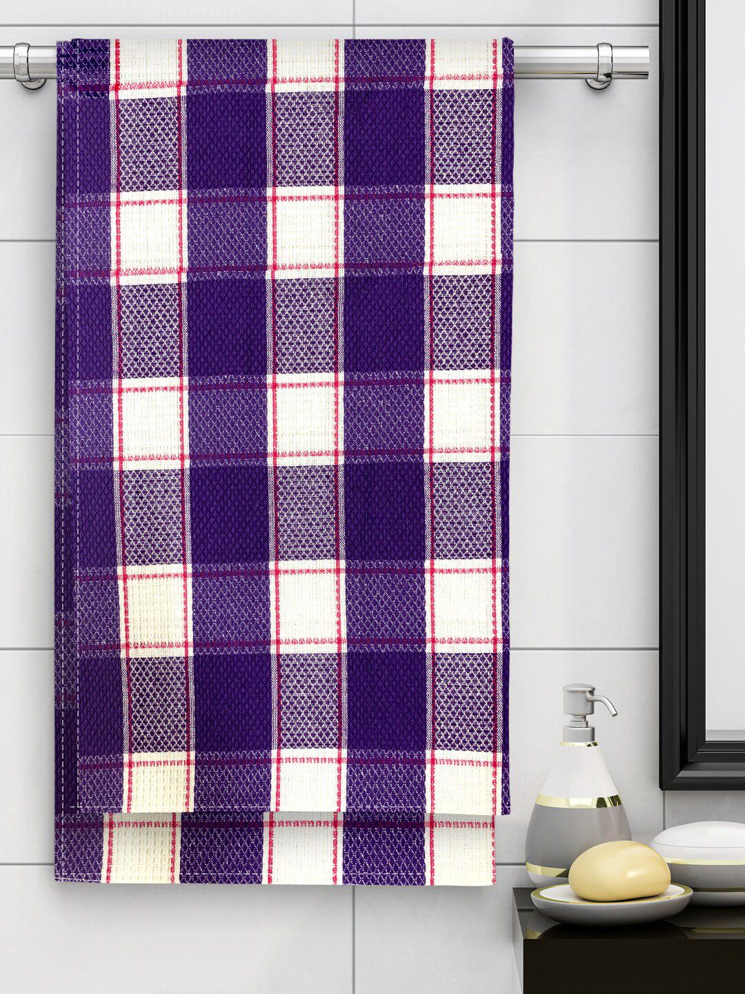 Athom Trendz Pack of 6 Purple & White Checked 210GSM Eco Saviour Premium Cotton Bath Towel Price in India