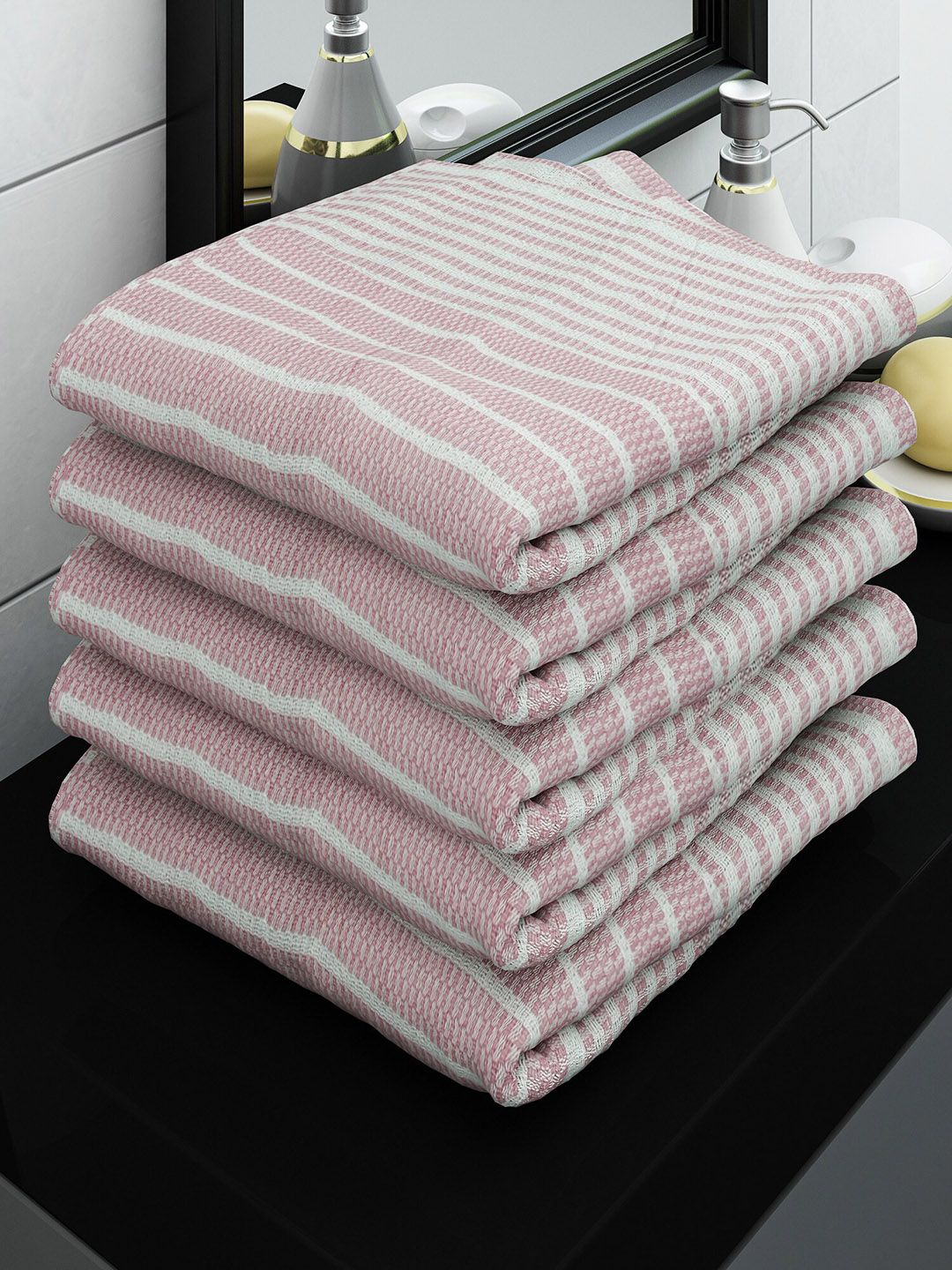 Athom Trendz Pack of 5 Pink Striped 210 GSM Cotton Bath Towels Price in India
