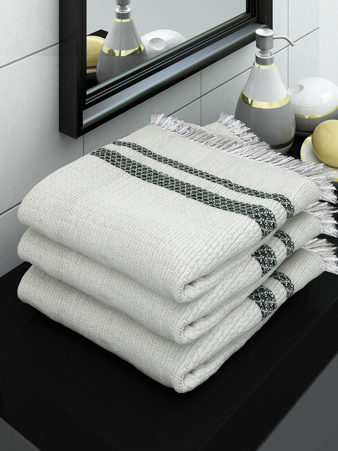 Athom Trendz White Set Of 3 Solid 210 GSM Cotton Bath Towel Price in India