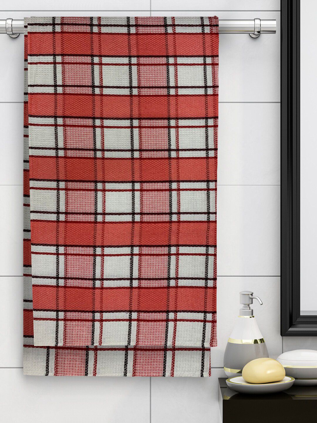 Athom Trendz Set Of 5 White & Red Checked 210 GSM Cotton Bath Towels Price in India