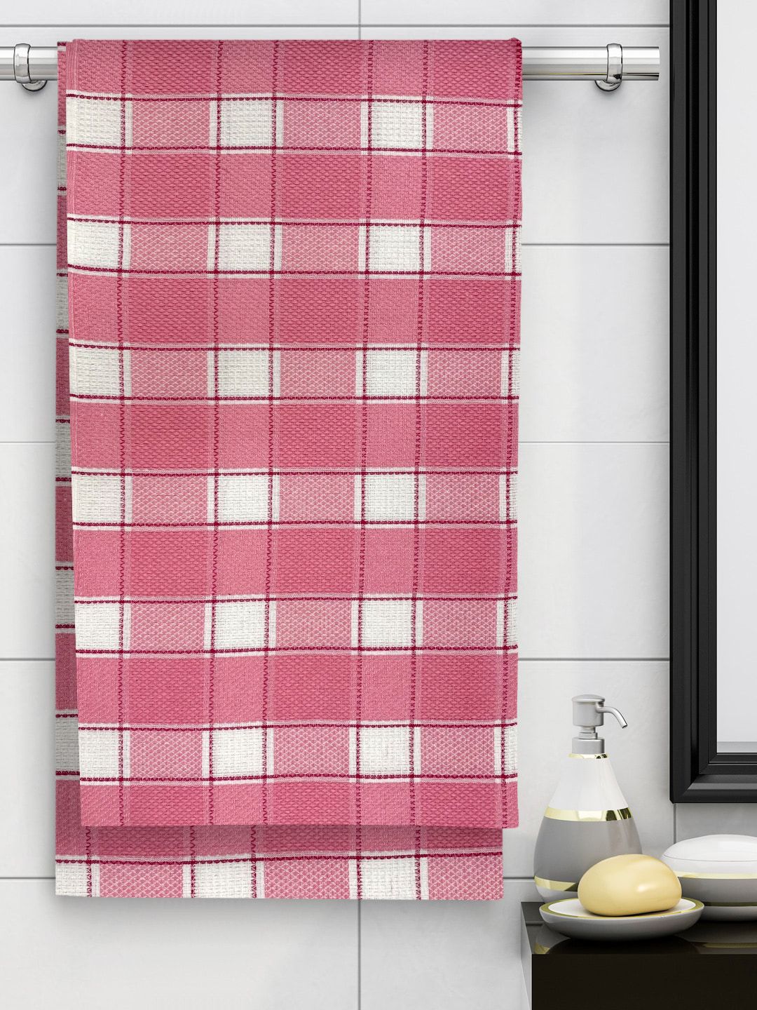 Athom Trendz Set Of 4 Pink Checked 210 GSM Cotton Bath Towels Price in India