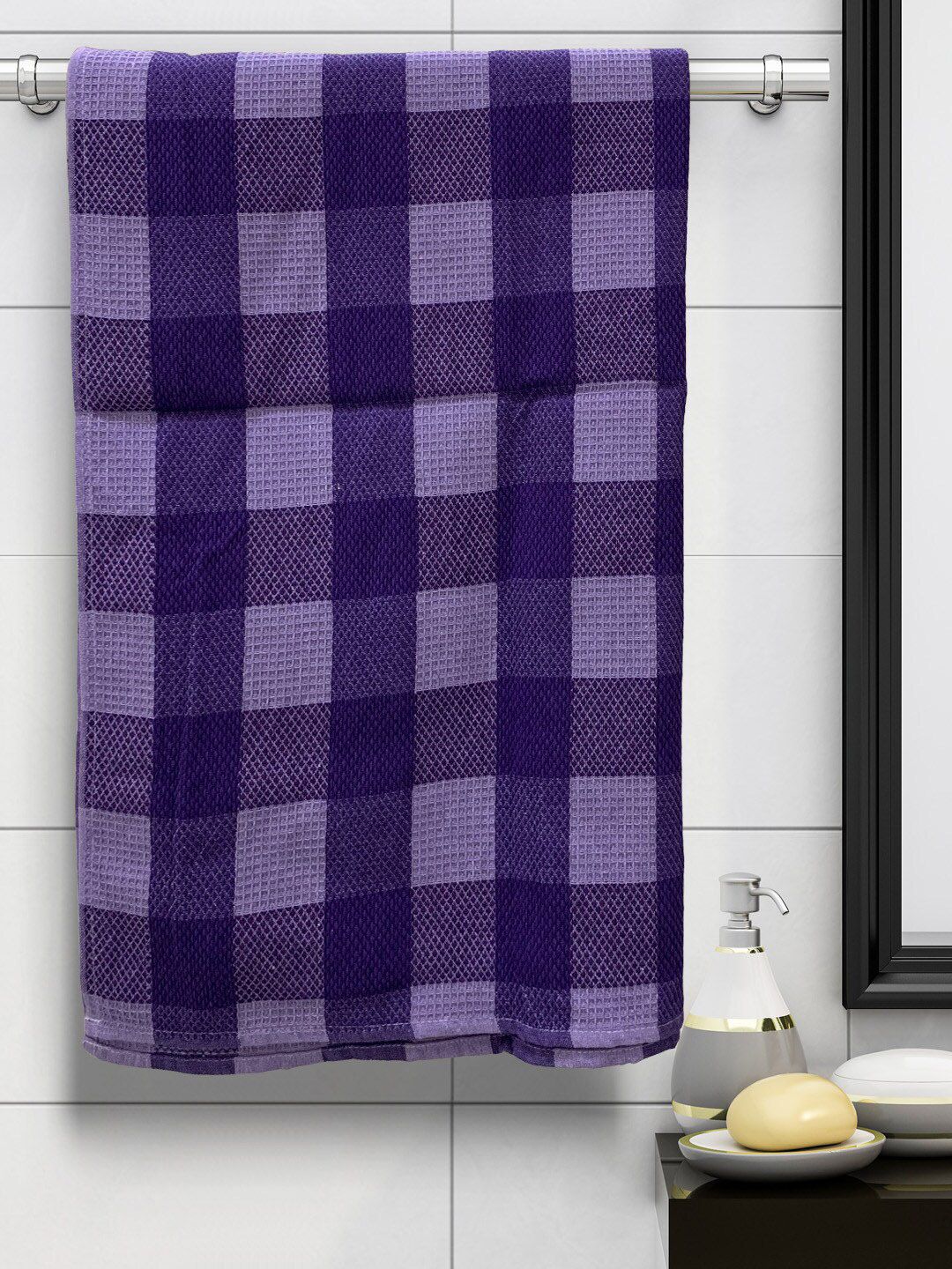 Athom Trendz Pack of 6 Purple Checked 210GSM Eco Saviour Premium Cotton Bath Towel Price in India