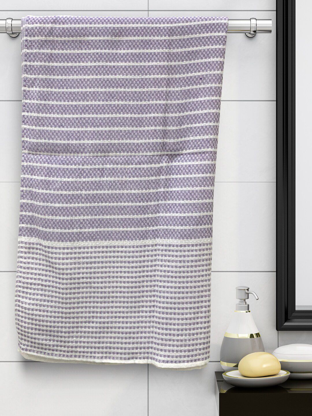 Athom Trendz Set of 4 Violet Striped Cotton Bath Towels