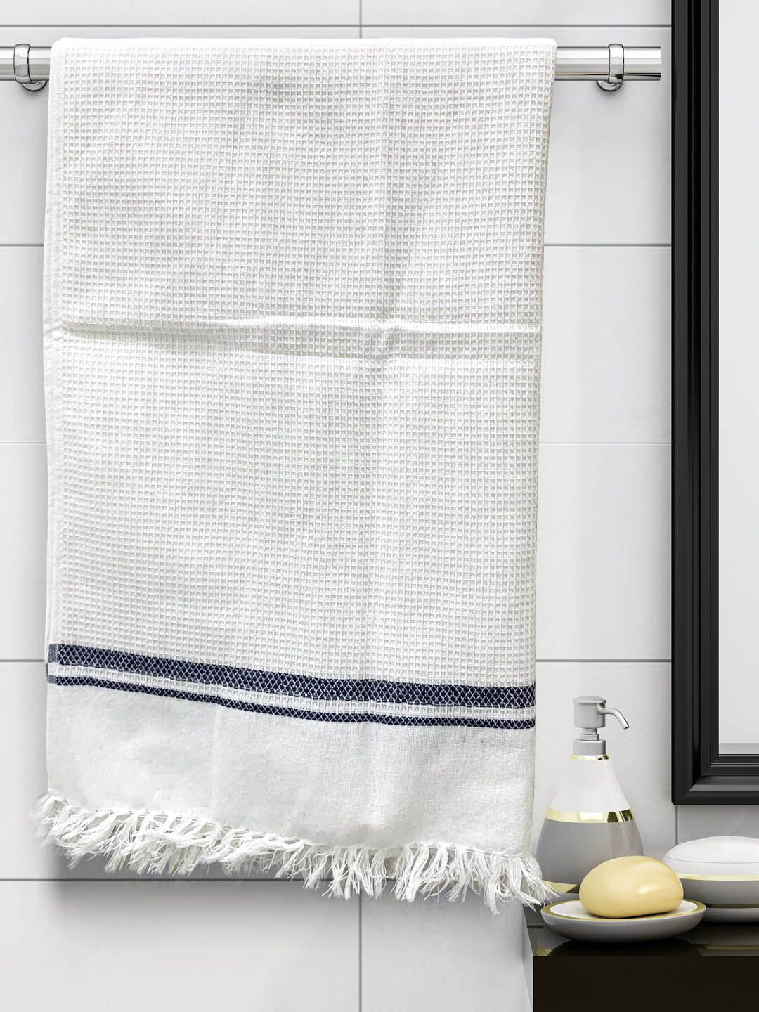 Athom Trendz Pack of 2 White Checked 210 GSM Cotton Bath Towels Price in India