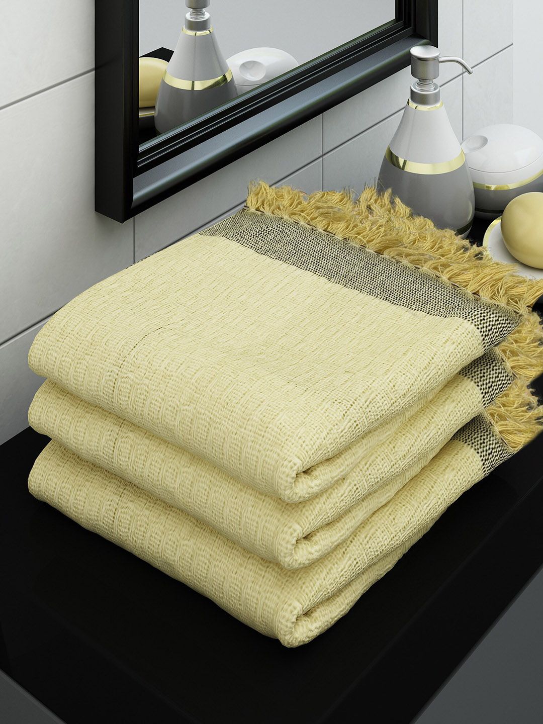 Athom Trendz Pack of 3 Beige & Grey Self Design 210 GSM Cotton Bath Towel