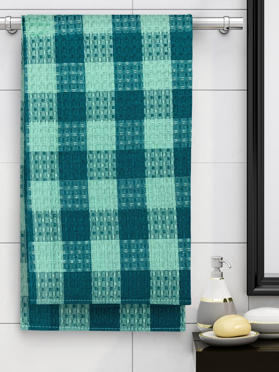 Athom Trendz Set Of 5 Green Checked 210 GSM Cotton Bath Towels Price in India