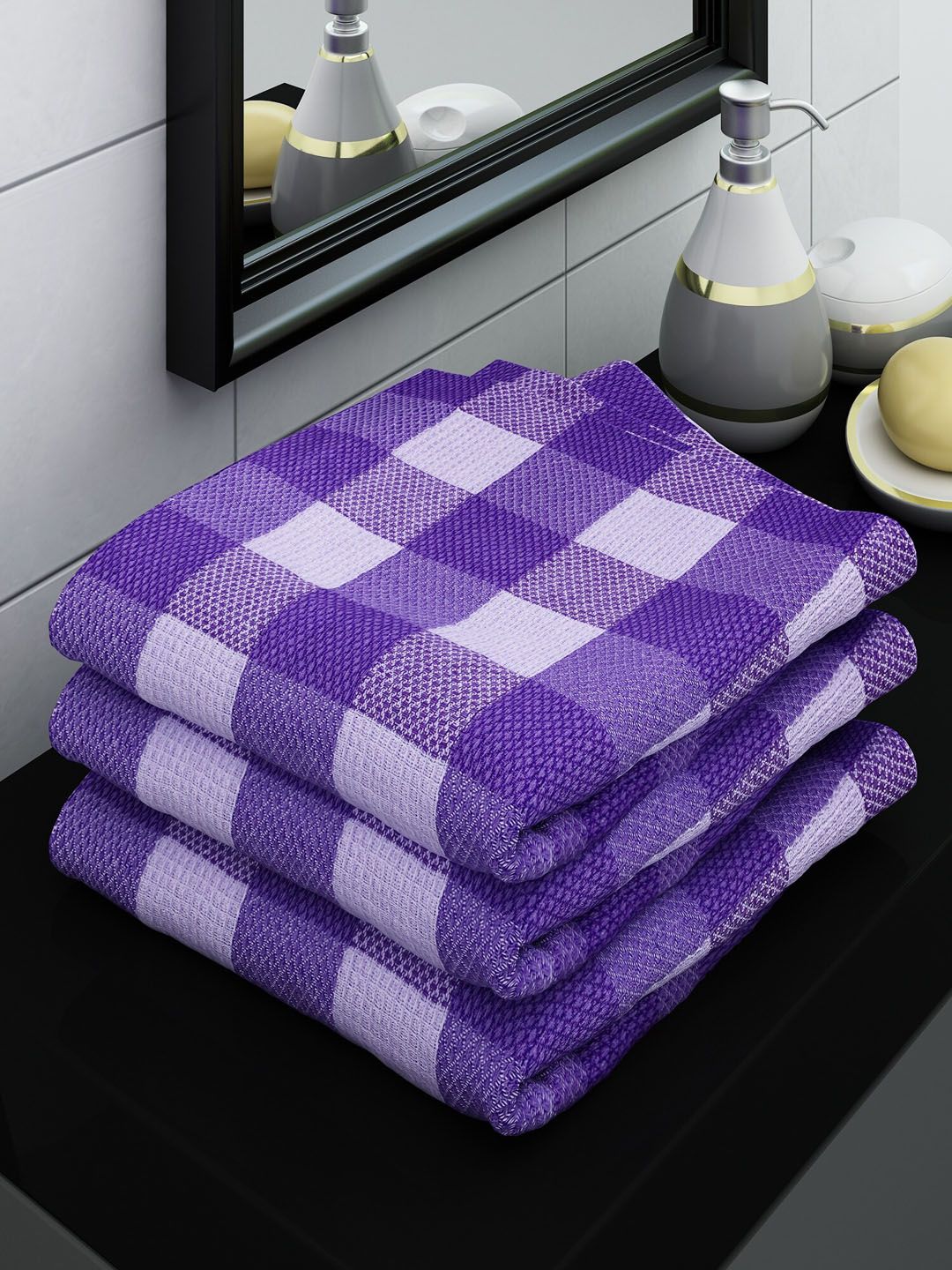 Athom Trendz Purple & White Checked 210 GSM Cotton Bath Towels Set Of 3
