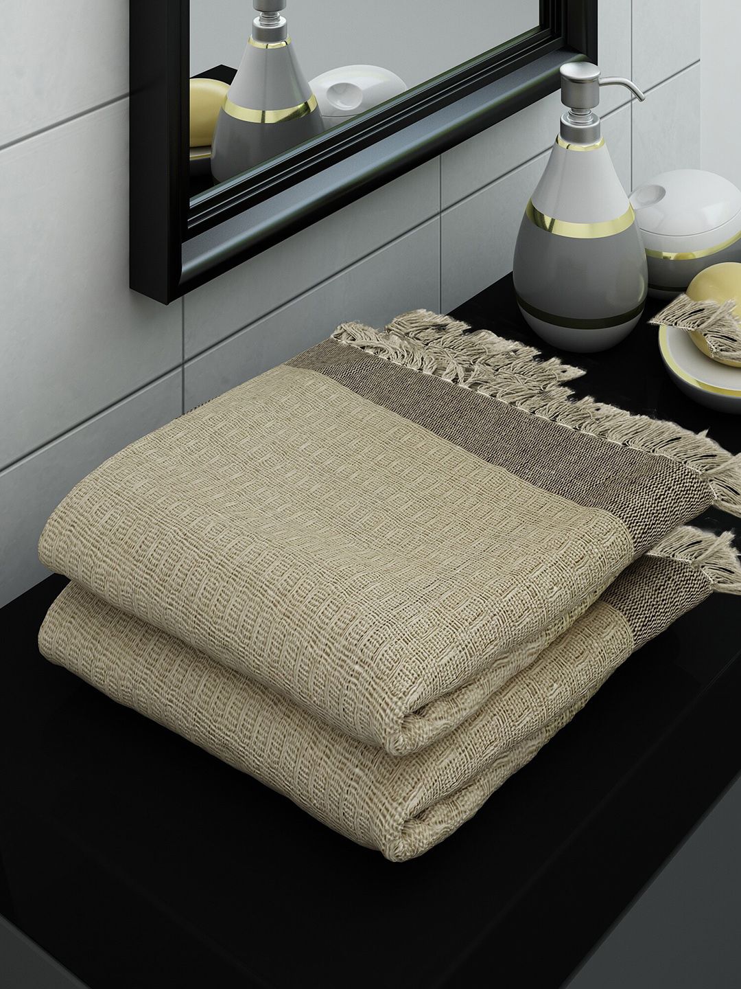 Athom Trendz Set of 2 Yellow Cotton Bath Towels Price in India