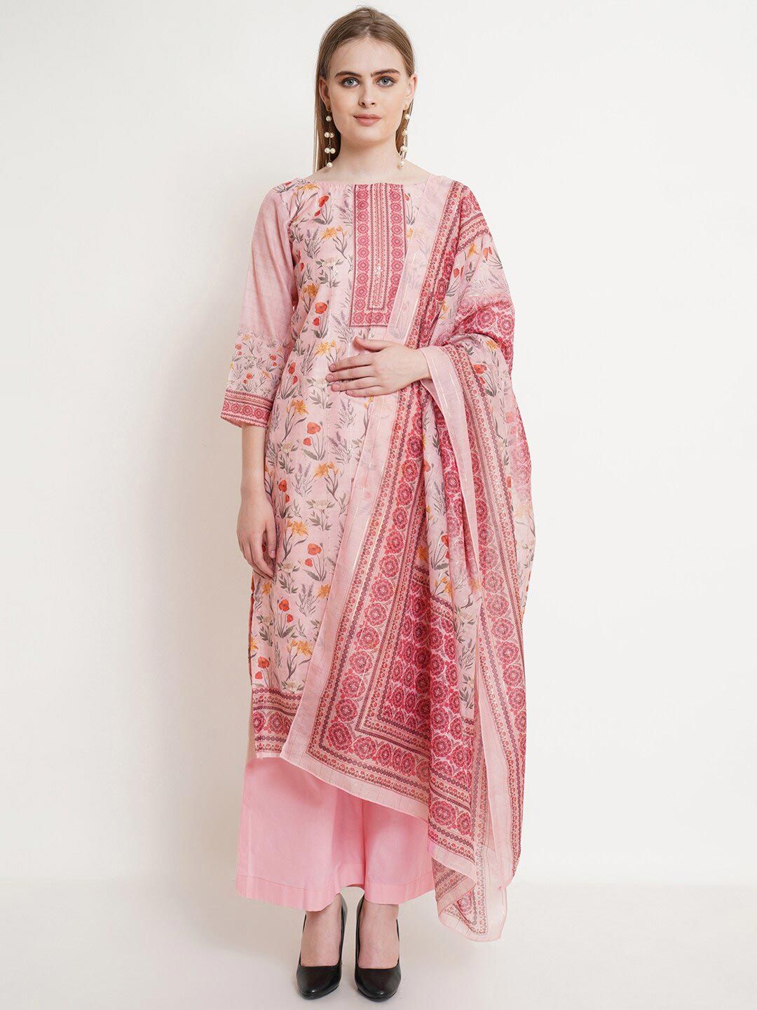 Stylee LIFESTYLE Pink & Red Chanderi Printed Unstitched Dress Material Price in India