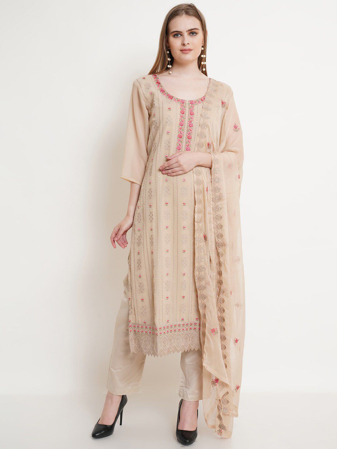 Stylee LIFESTYLE Beige & Pink Embroidered Unstitched Dress Material Price in India