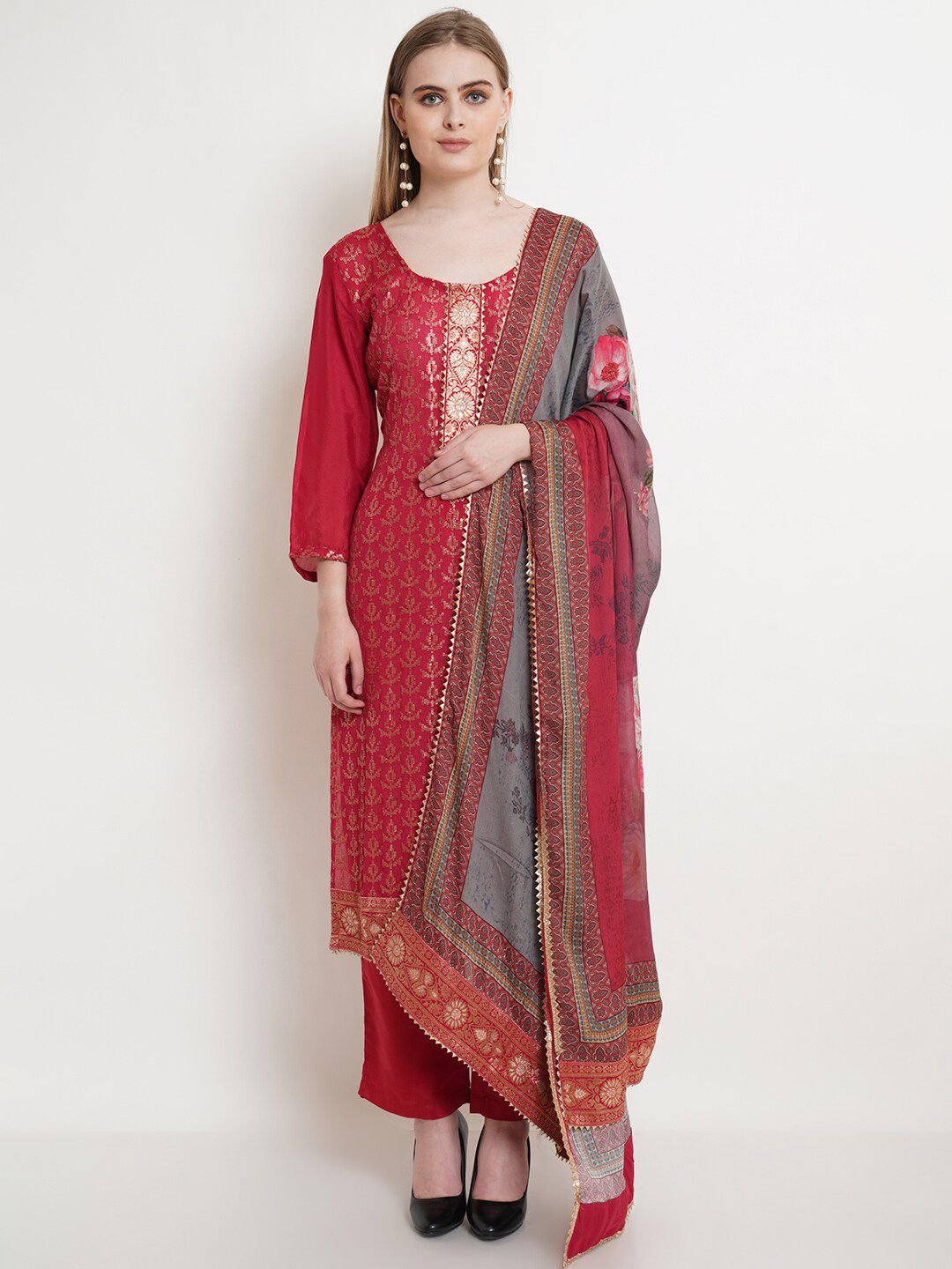 Stylee LIFESTYLE Magenta & Grey Printed Embroidered Unstitched Dress Material Price in India