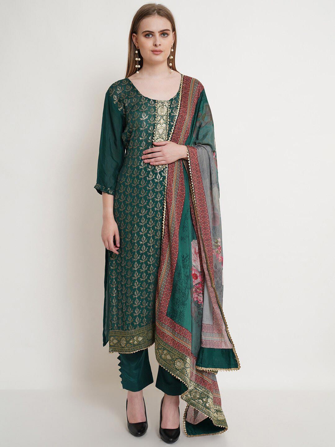 Stylee LIFESTYLE Green & Gold-Toned Printed Unstitched Dress Material Price in India