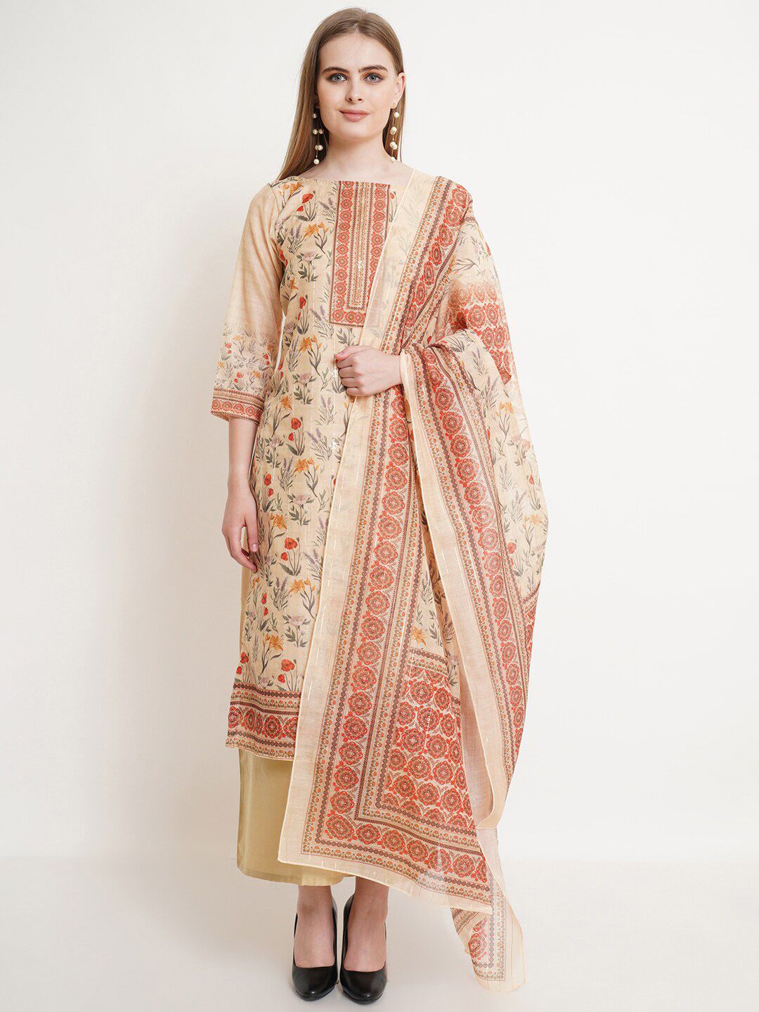 Stylee LIFESTYLE Yellow & Red Chanderi Digital Printed Unstitched Dress Material Price in India