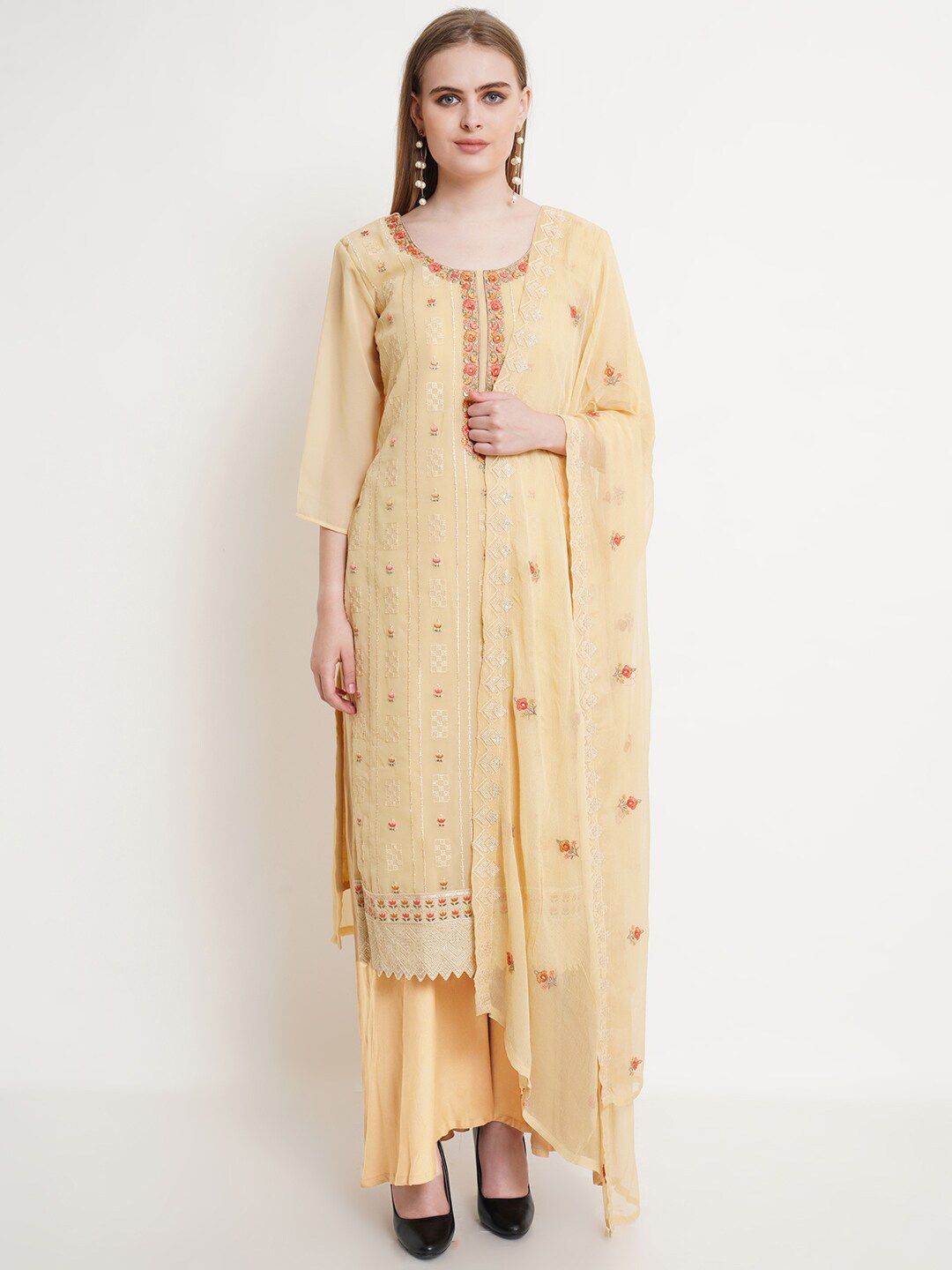 Stylee LIFESTYLE Yellow & Red Embroidered Unstitched Dress Material Price in India