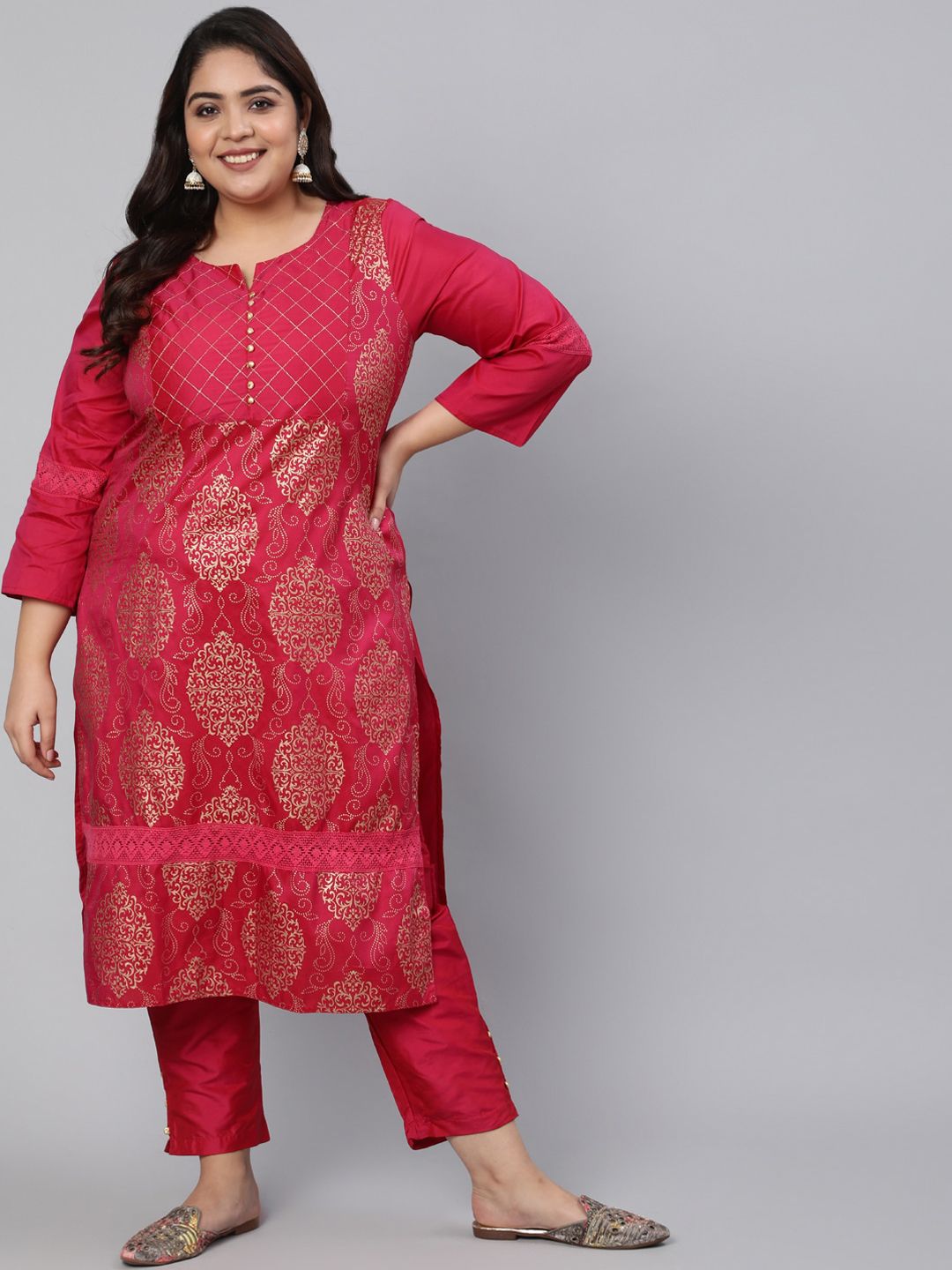 Jaipur Kurti Women Pink Ethnic Motifs Printed Kurta with Trousers Price in India