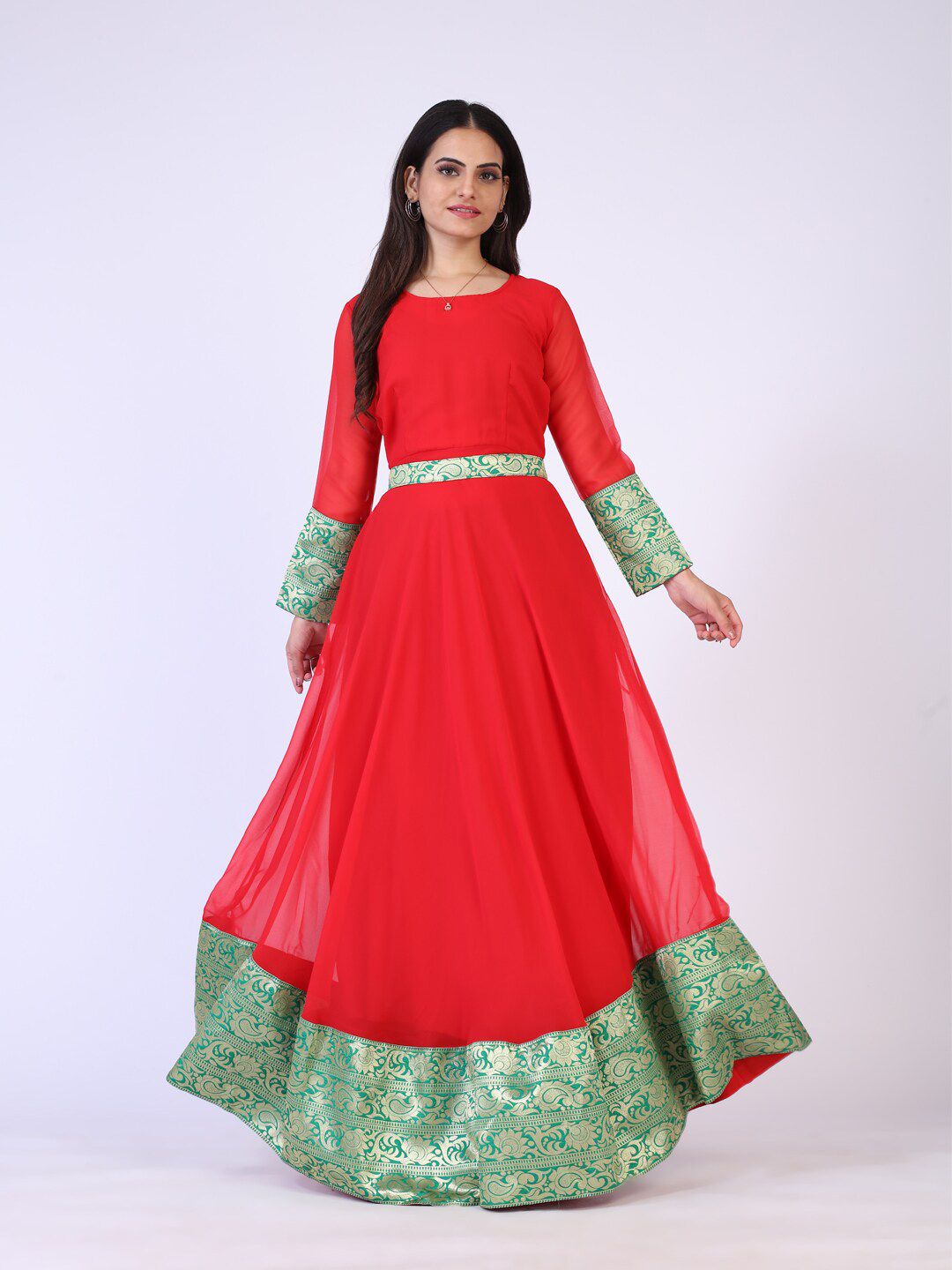 PRENEA Red & Green Georgette Ethnic Gown Maxi Dress Price in India