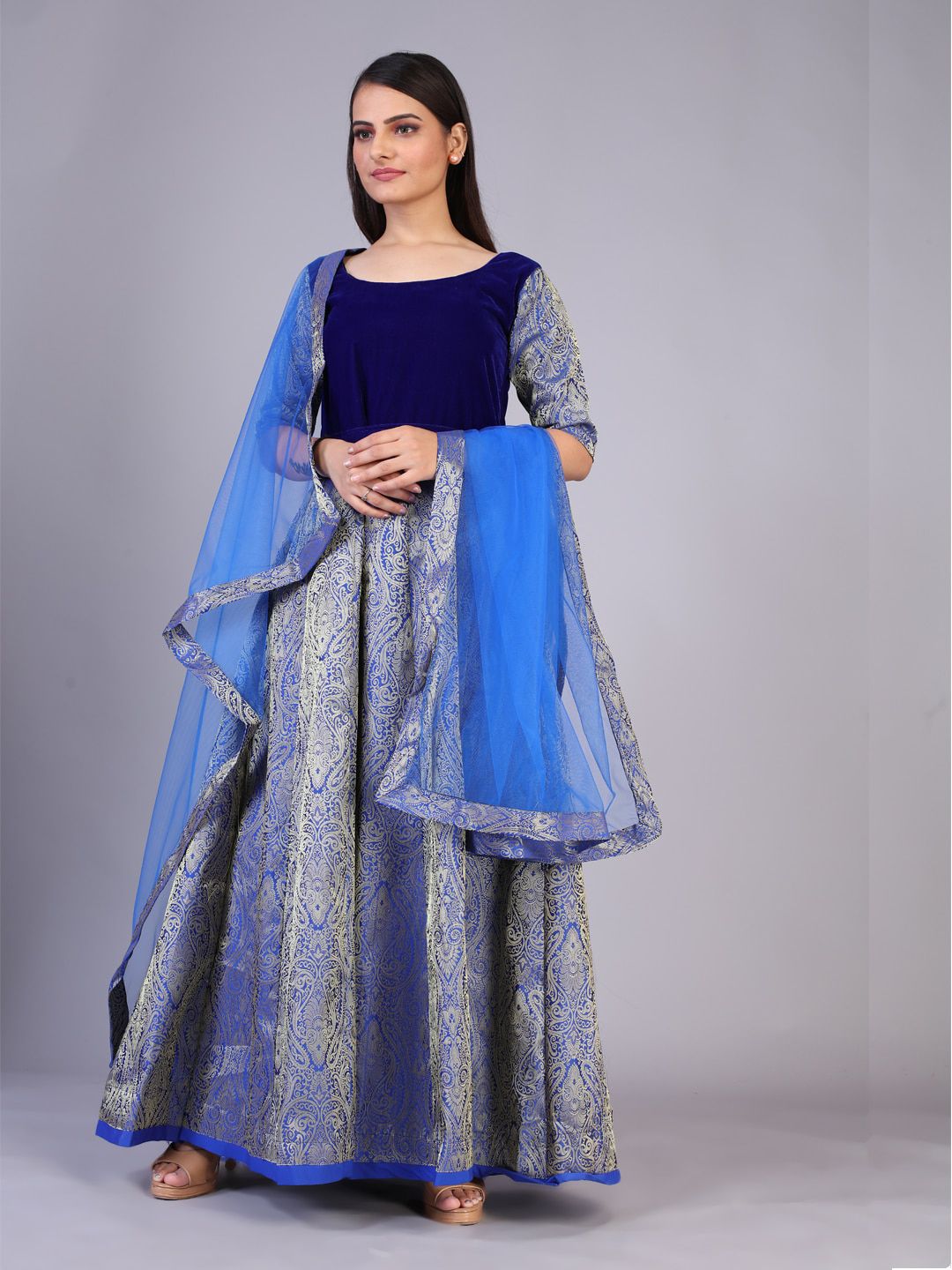 PRENEA Blue Ethnic Motifs Jacquard Ethnic Gown with Dupatta Price in India