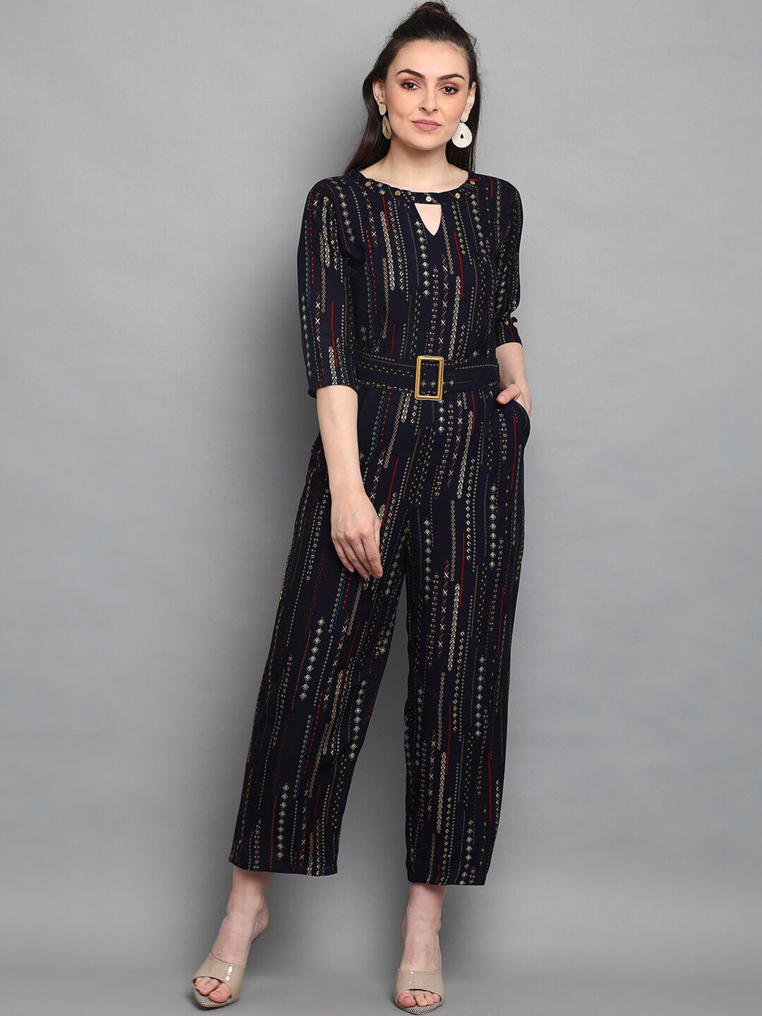 J Turritopsis Navy Blue & White Foil Printed Basic Jumpsuit Price in India