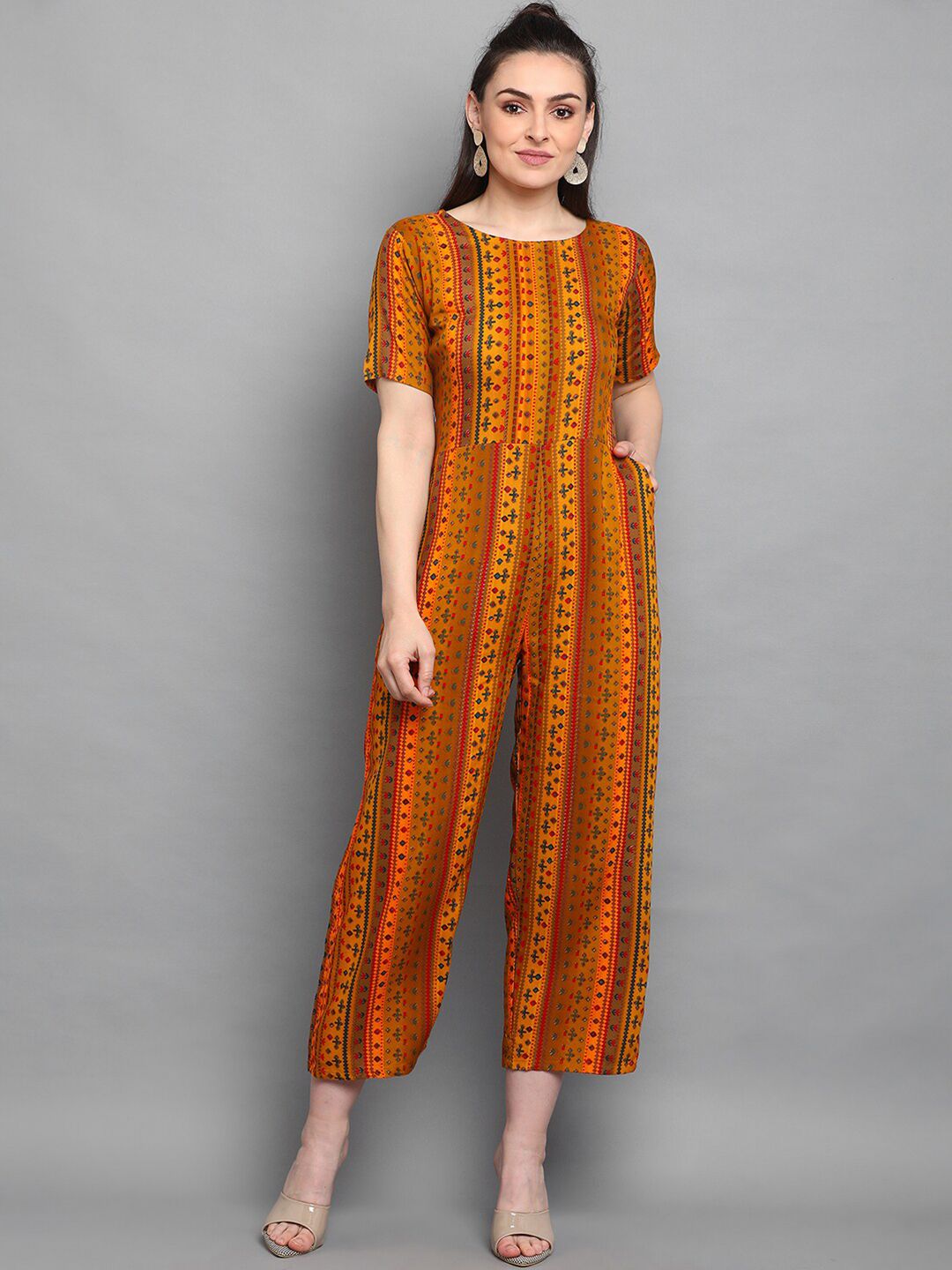 J Turritopsis Orange & Green Printed Basic Jumpsuit Price in India